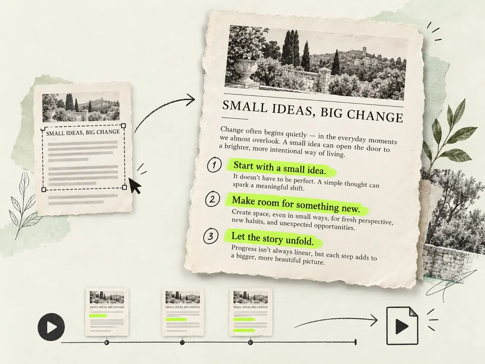 Selected lines in an article screenshot are highlighted in sequence and turned into an exportable video.