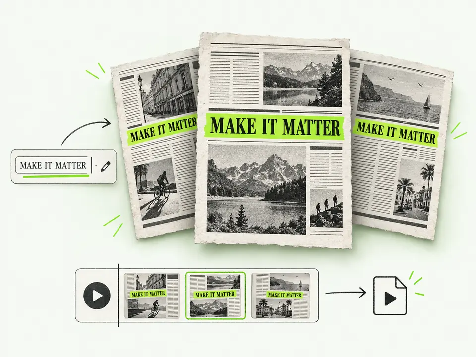A highlighted phrase stays fixed across newspaper frames, then becomes an exportable video.